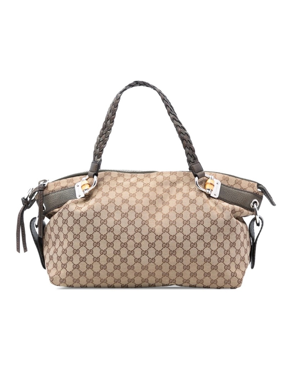 Gucci Medium Monogram GG Canvas Bamboo Bar Tote with Olive Leather Details